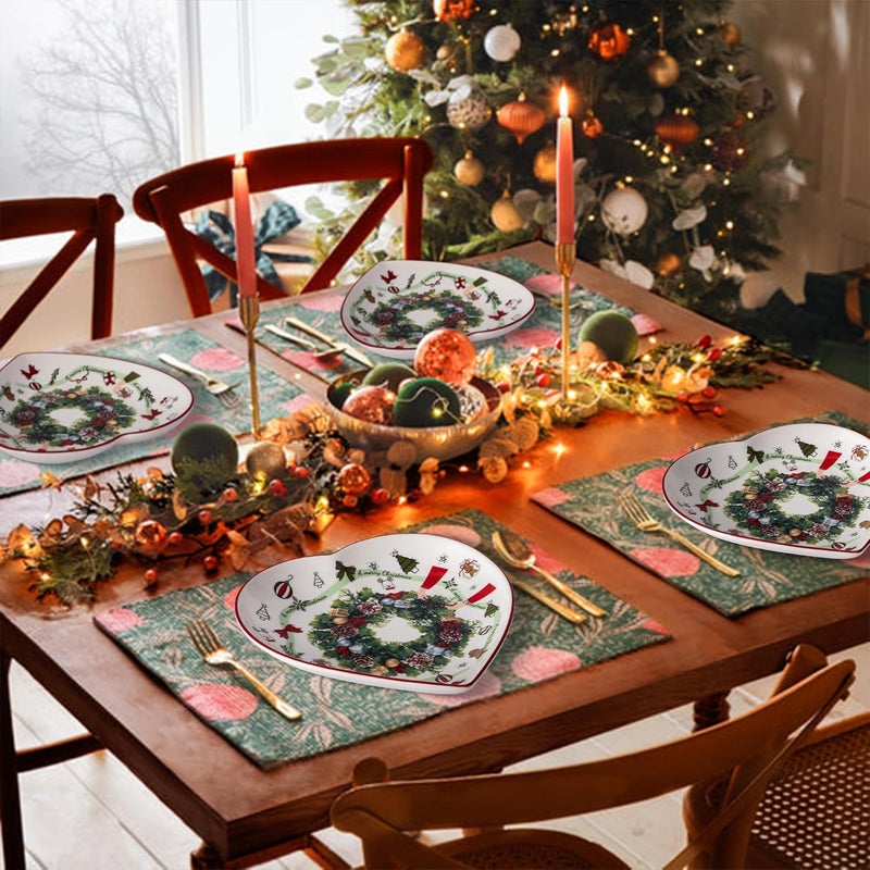 fMSDD 8 Inch Heart Shape Plate with Christmas Pattern, New Bone China for Serving Appetizer, Cake, Candy and Holiday Dish, for Holiday Table, Christmas Party or Festival Celebration, Set of 2, Green Wreath - Image 3